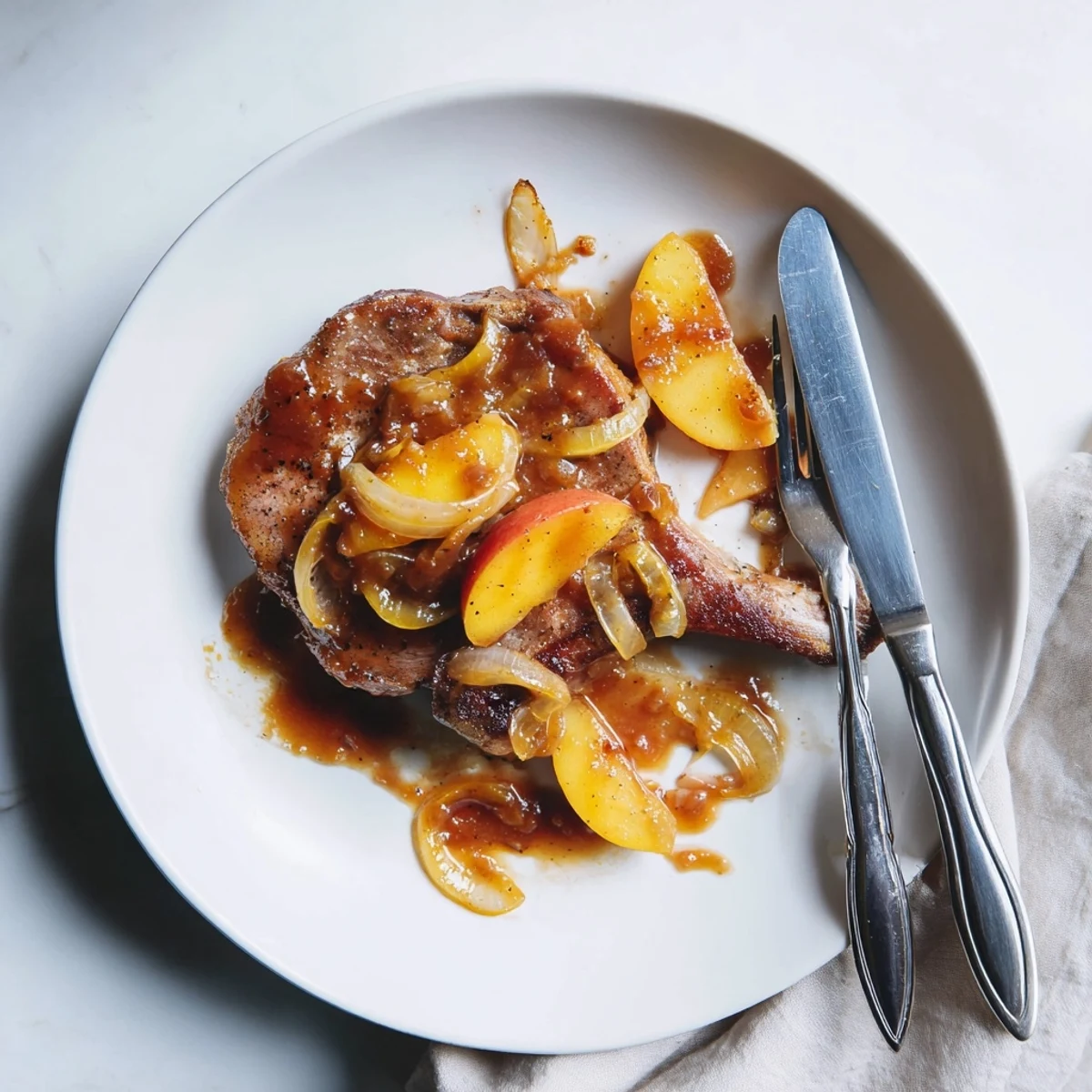 Golden brown pork chops simmered in rich apple butter sauce with tender caramelized apples and onions