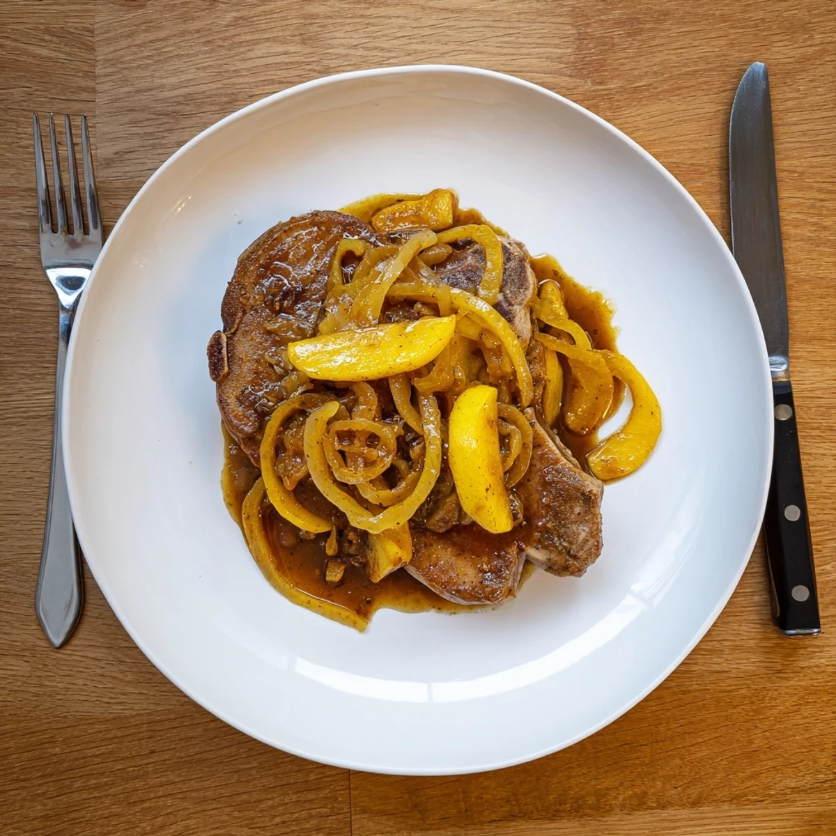 Savory seared pork chops resting in sweet cinnamon-spiced apple butter glaze topped with softened onion slices