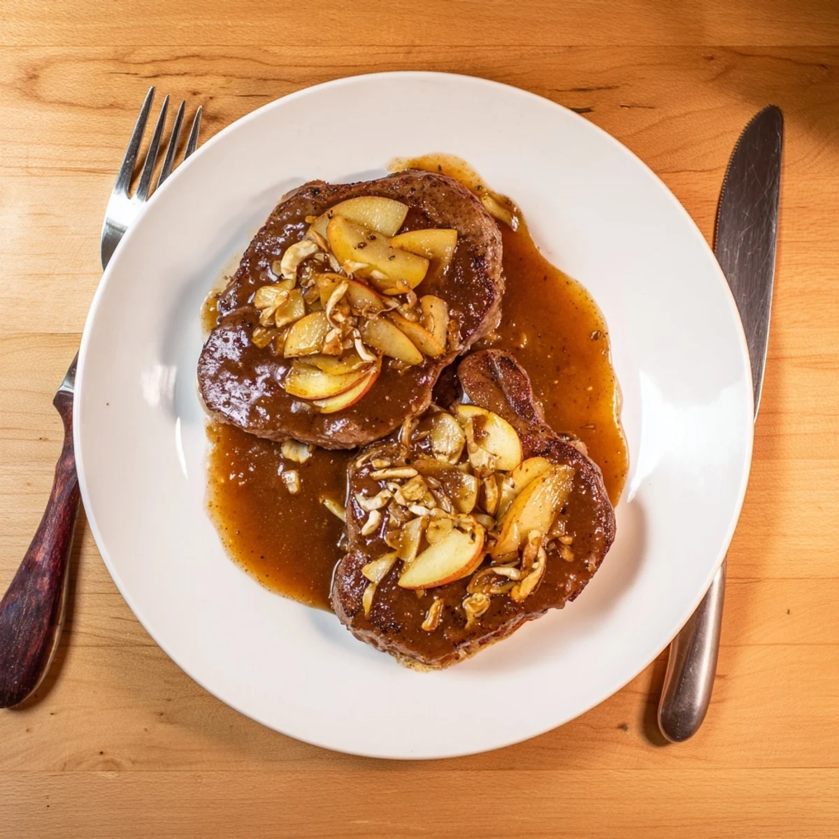 Family-friendly apple butter pork chops plated with rustic apple slices and brushed with glossy savory sauce