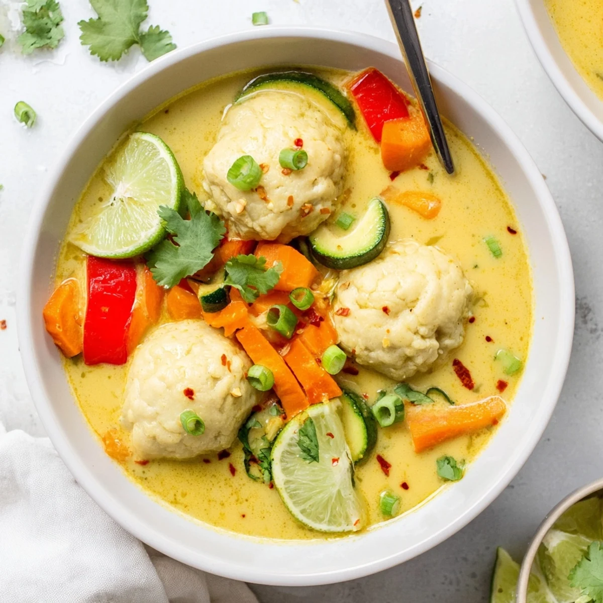 Golden coconut curry soup with fluffy dumplings floating in a rich, aromatic broth
