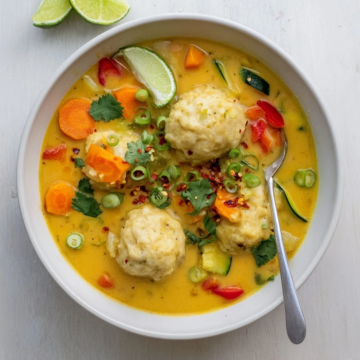 Bowl of vegetarian coconut curry soup featuring tender dumplings and colorful vegetables