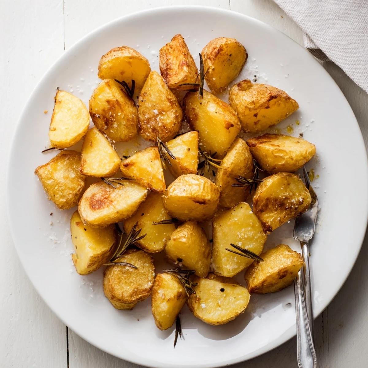 Golden homemade roast potatoes with crispy edges and fluffy centers, seasoned with sea salt flakes