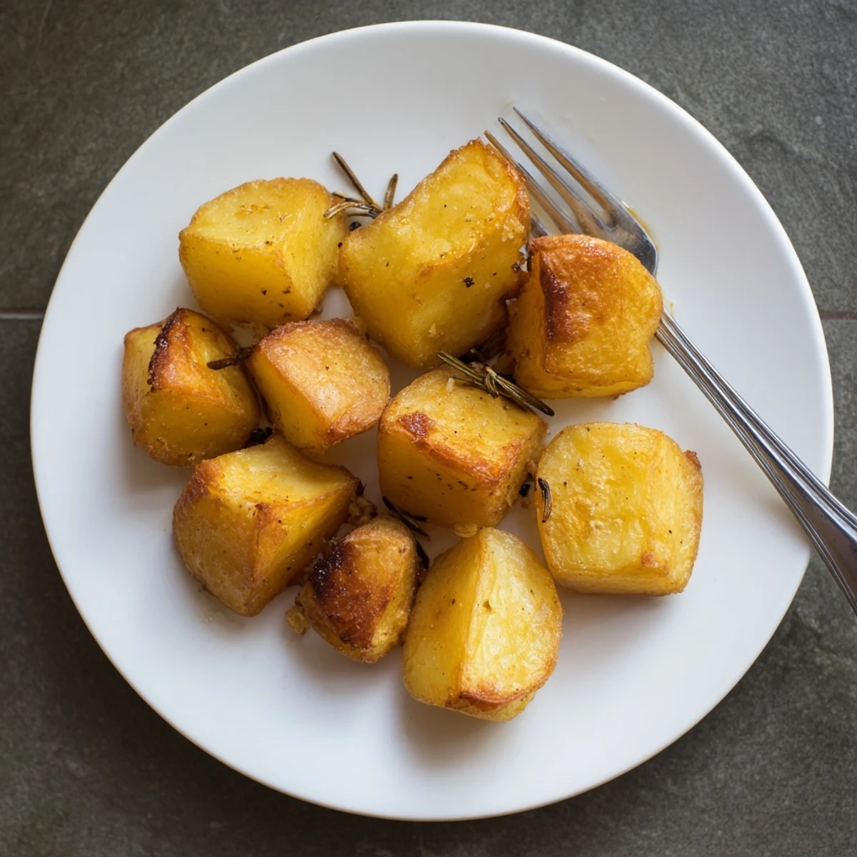 Steaming bowl of homemade roast potatoes tossed with fresh rosemary and freshly ground black pepper