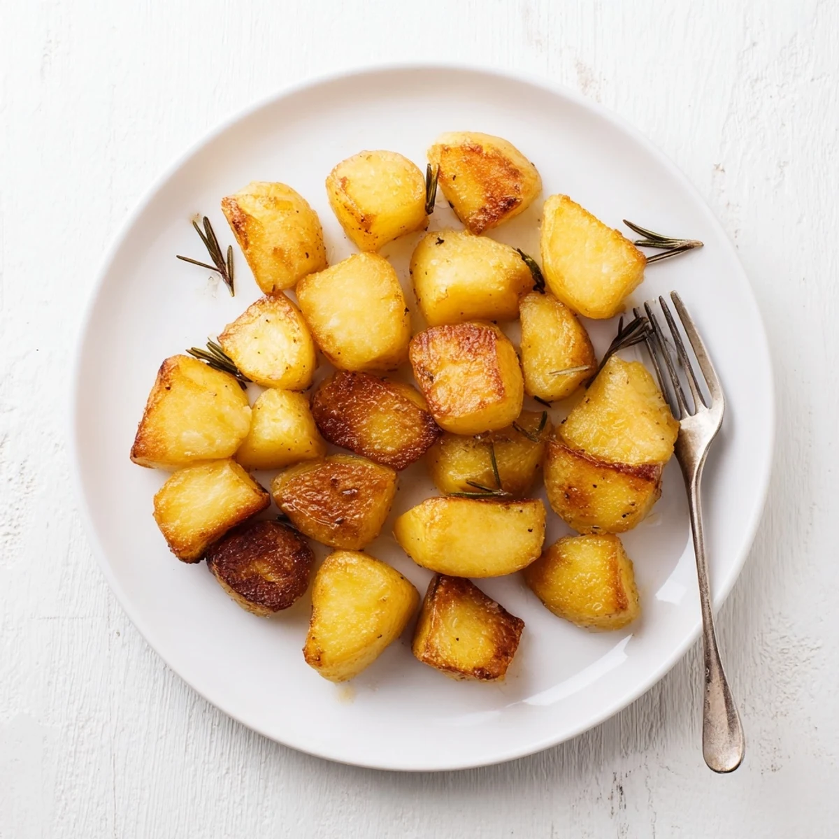 Perfectly browned homemade roast potatoes arranged on a serving platter, garnished with roasted garlic cloves