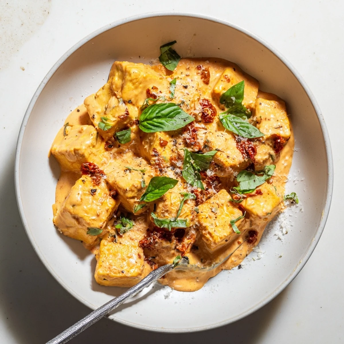 Golden crispy tofu cubes swim in a rich sun-dried tomato garlic cream sauce with fresh basil garnish