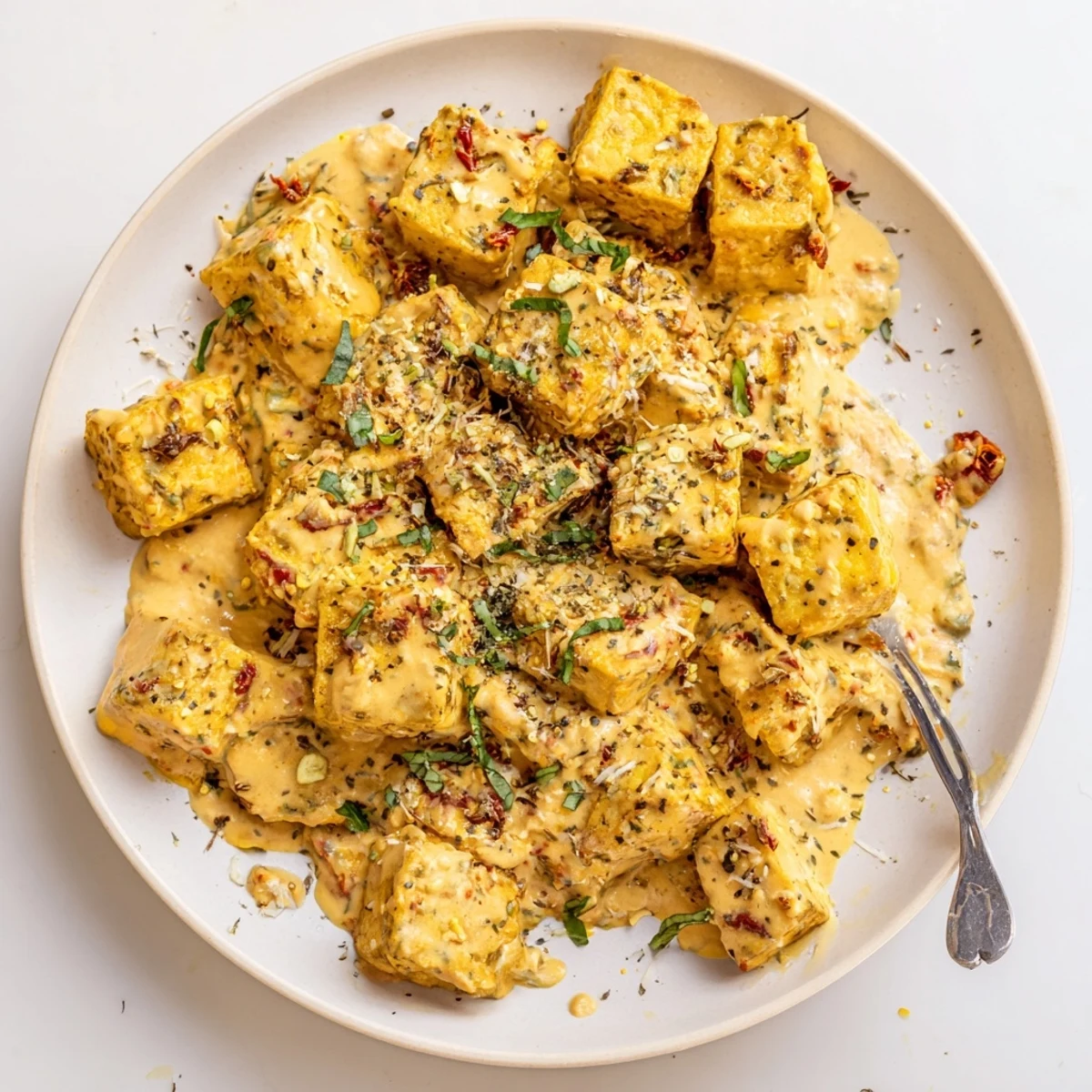 Vegan Marry Me Tofu plated with pasta showing golden cubes coated in thick sun-dried tomato cream sauce