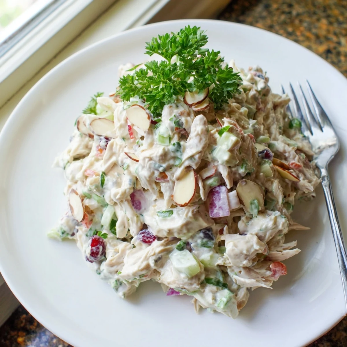 Healthy chicken salad bowl featuring shredded rotisserie meat mixed with tangy Greek yogurt dressing and colorful diced vegetables