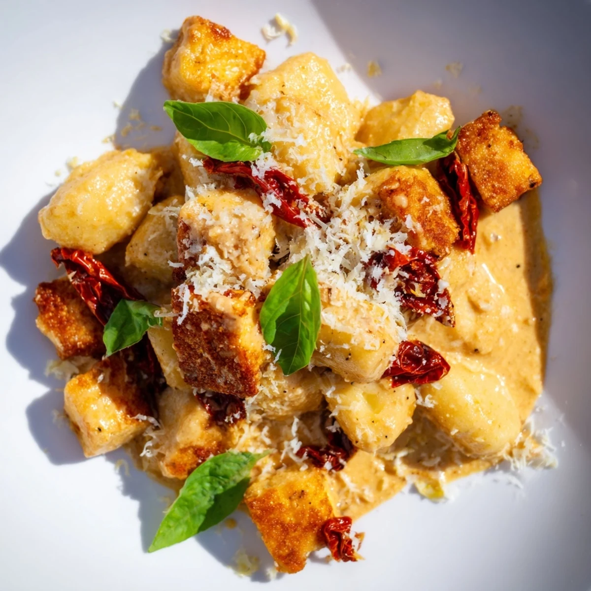 Golden crispy tofu cubes and pillowy gnocchi coated in rich sun-dried tomato cream sauce