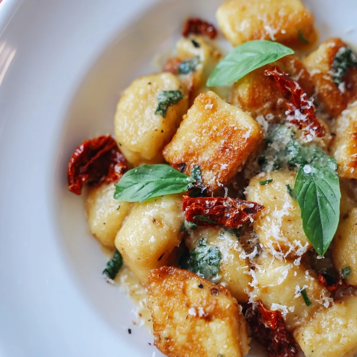 Plate of Marry Me crispy tofu with gnocchi in creamy tomato sauce garnished with fresh basil
