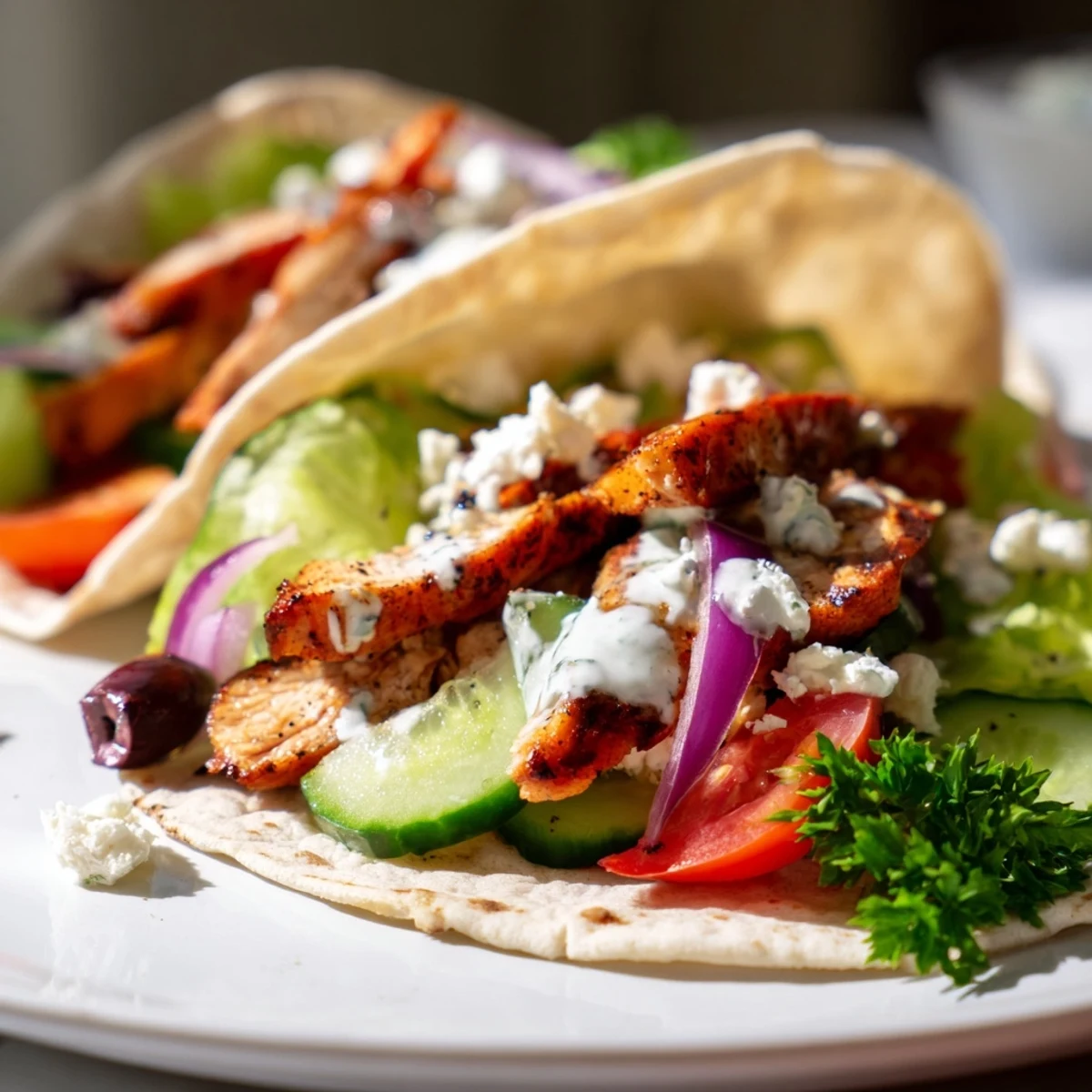 Golden grilled Mediterranean chicken tacos topped with feta, fresh vegetables, and creamy yogurt sauce