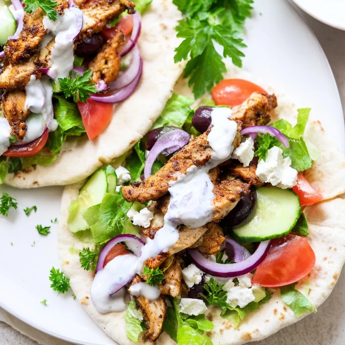 Soft tortillas filled with spiced chicken, crisp lettuce, tomatoes, cucumber, and tangy Greek yogurt drizzle