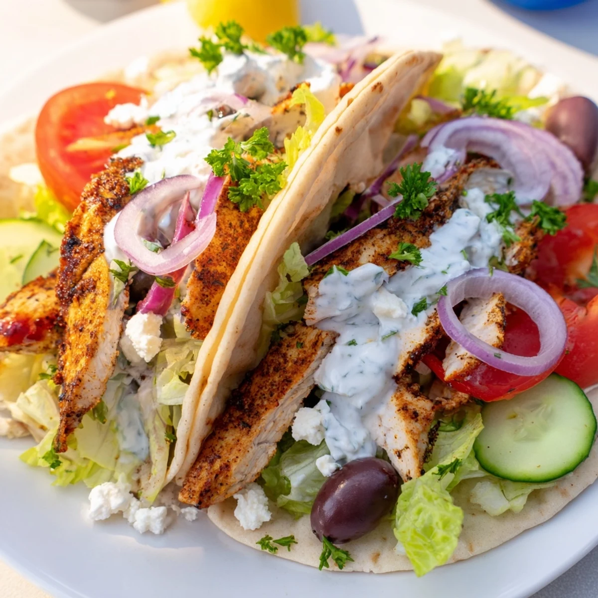 Mediterranean-style chicken tacos featuring seasoned meat, crumbled feta, Kalamata olives, and zesty sauce