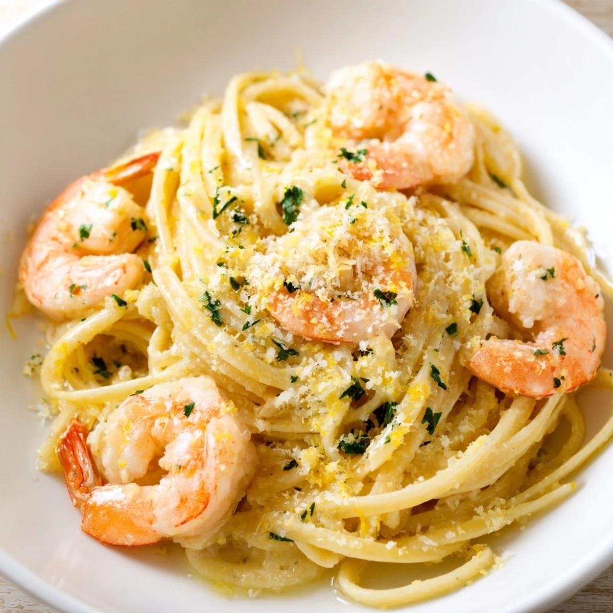 Golden shrimp scampi garlic cream pasta tossed in silky lemon-parmesan sauce with fresh parsley
