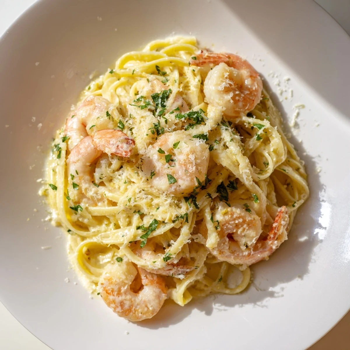 Creamy shrimp scampi pasta with plump garlic shrimp swimming in rich white wine cream sauce