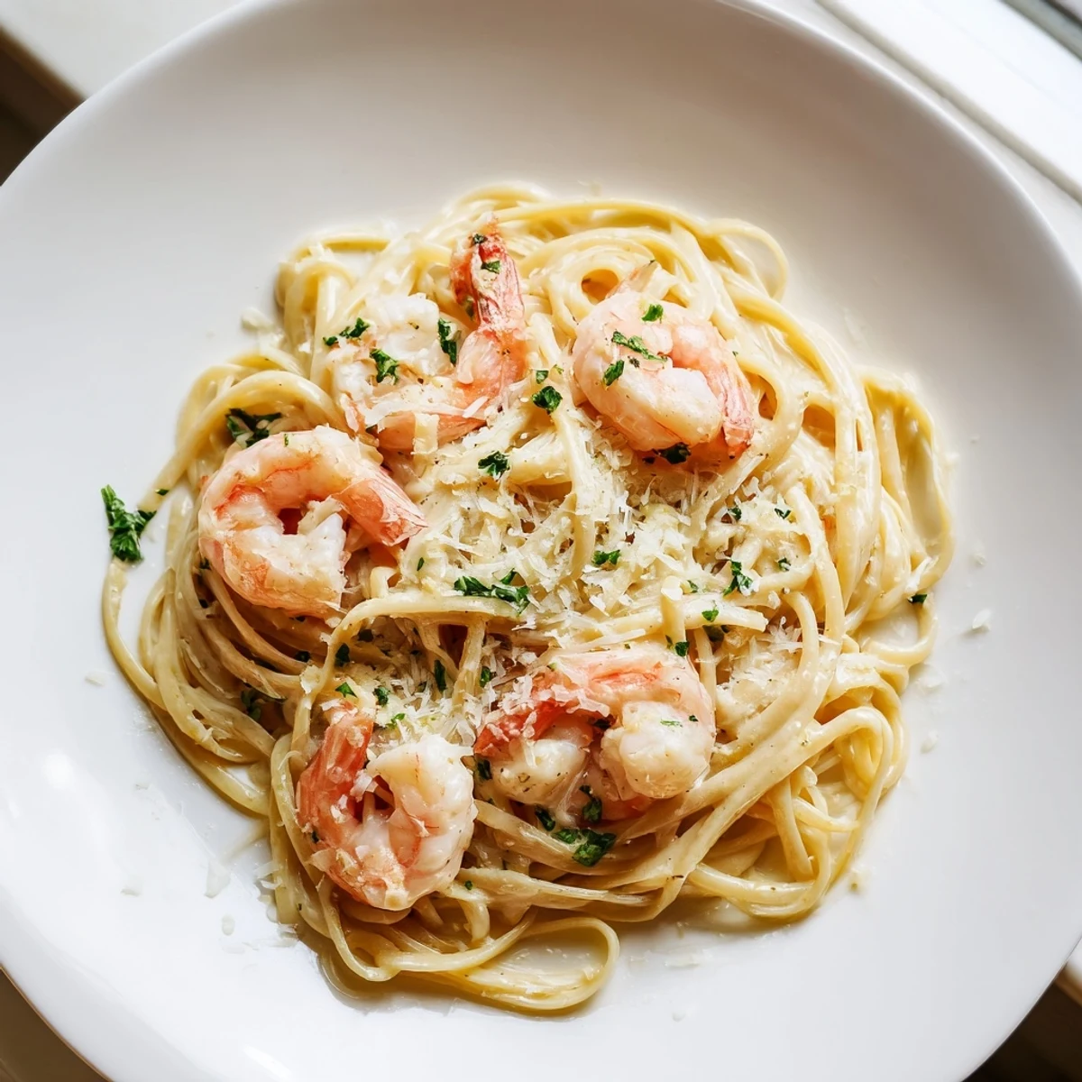 Linguine tangled with pink shrimp in velvety garlic cream sauce finished with lemon zest and Parmesan