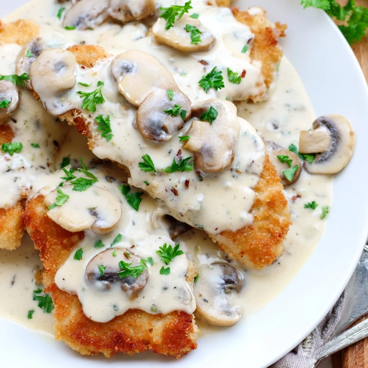 Golden chicken strips simmered in rich creamy sauce with sliced mushrooms and fresh parsley garnish
