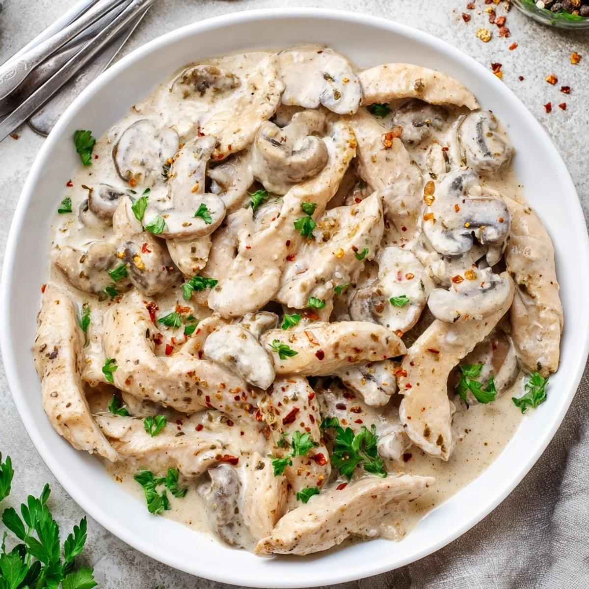 Creamy chicken stroganoff served over egg noodles with tender mushroom pieces and white sauce