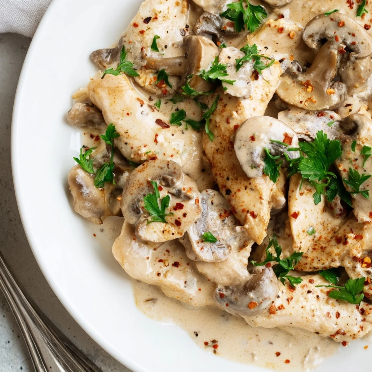 Savory chicken and mushroom stroganoff in luxurious sour cream sauce, topped with chopped fresh parsley