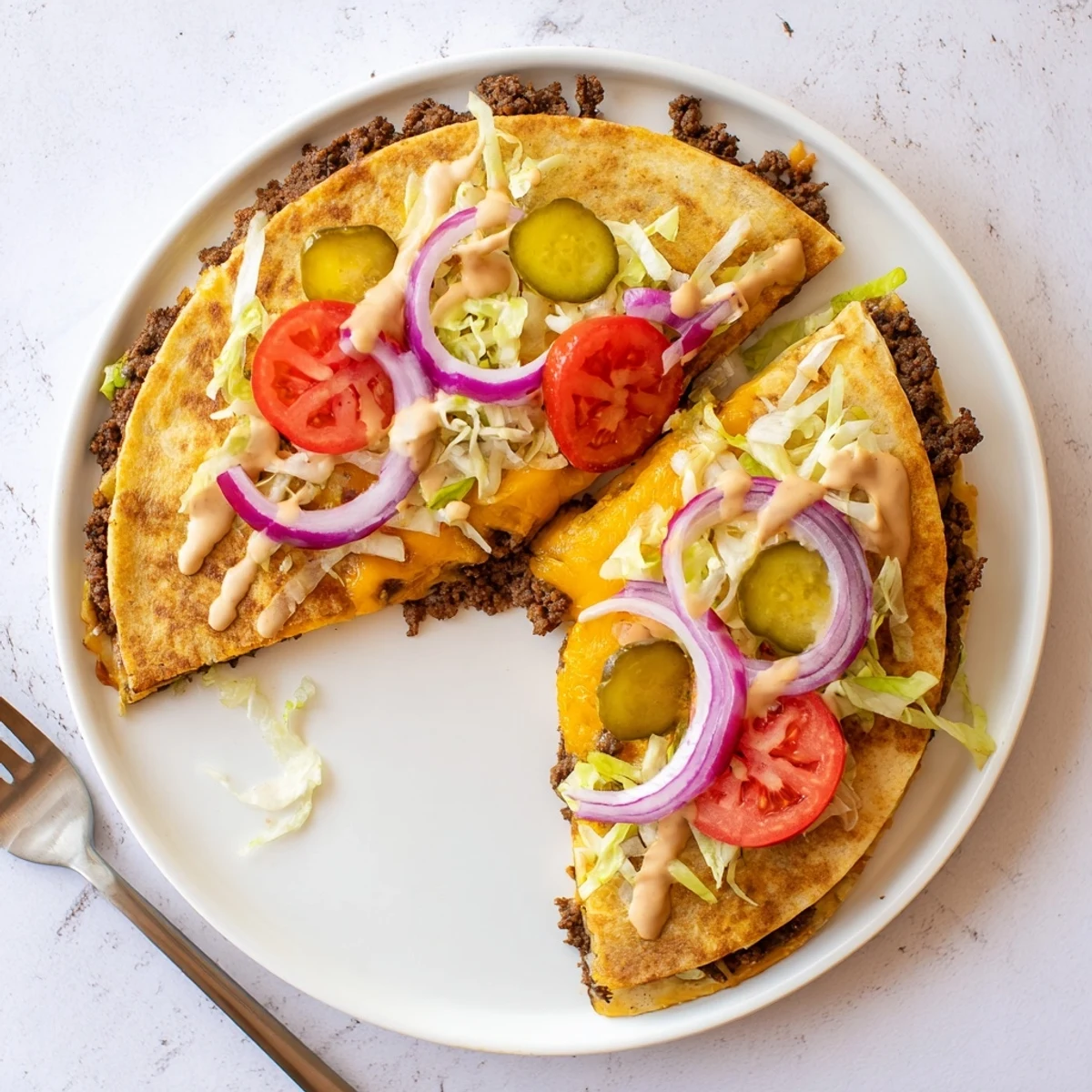 Sliced quesadilla wedges revealing juicy smashed beef layered with gooey melted cheese inside flour tortilla