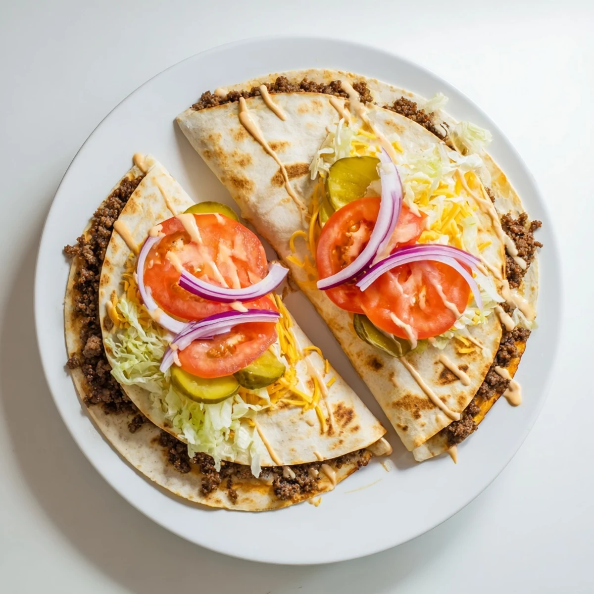 Golden brown smashburger quesadillas stuffed with melted cheddar cheese and crispy beef patties