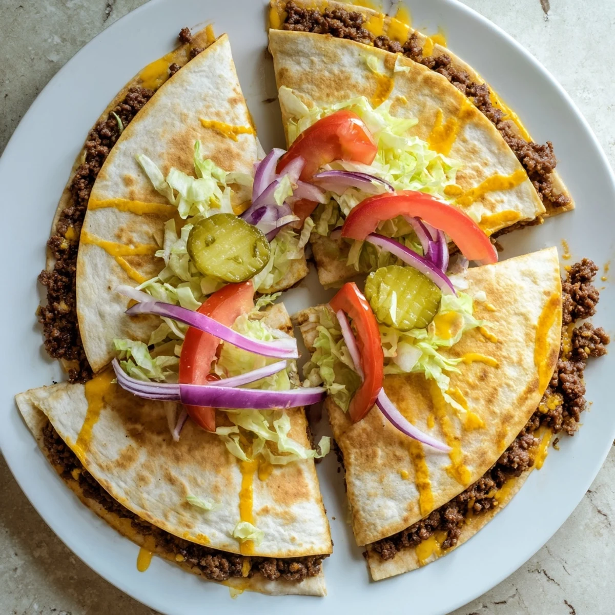 Crispy tortilla quesadilla topped with fresh lettuce tomato and burger sauce alongside golden smashed beef