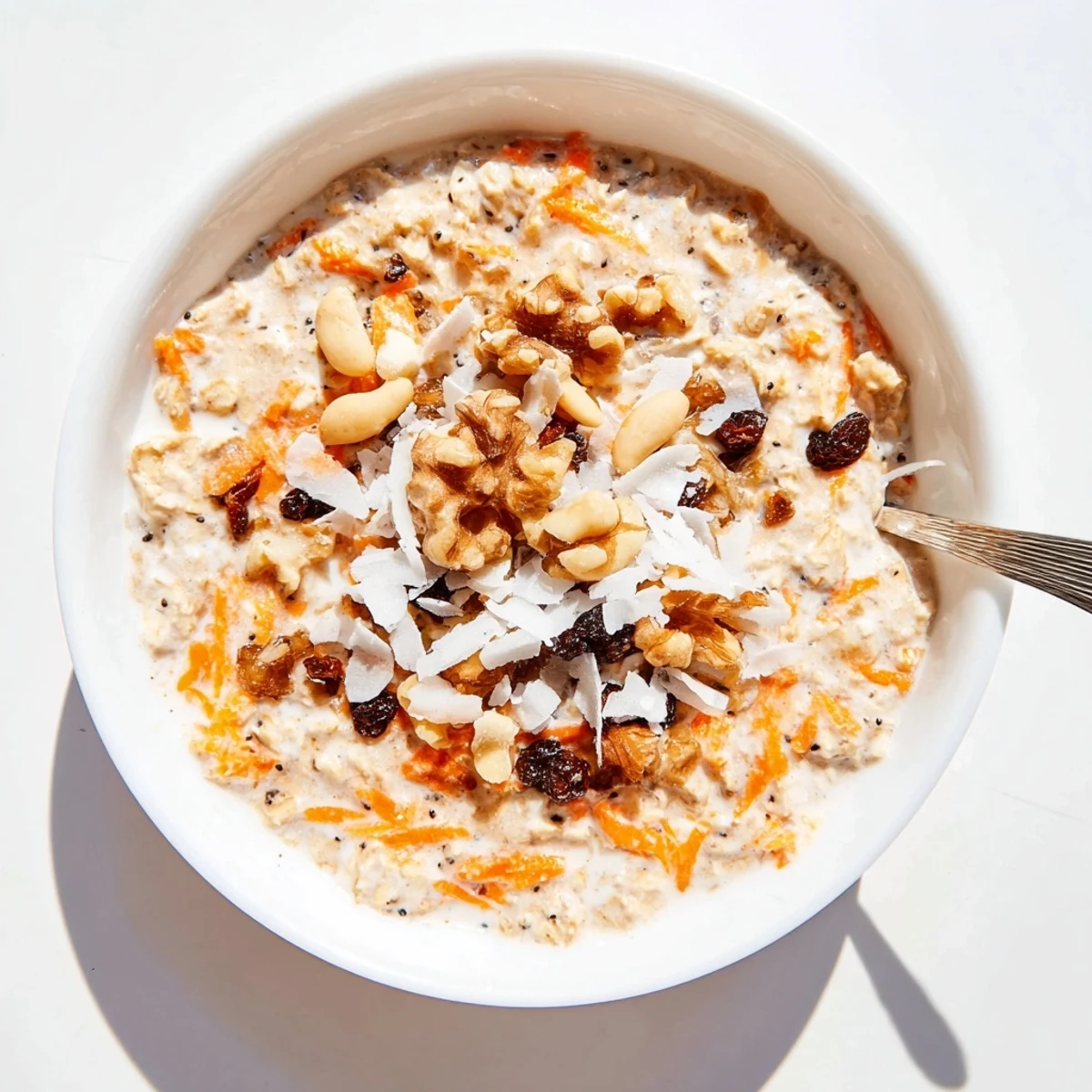 Wholesome breakfast bowl of spiced carrot cake overnight oats with grated carrots, cinnamon, and nutmeg garnished with pecans