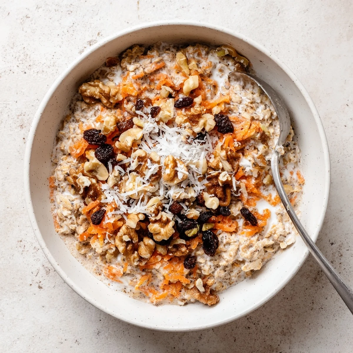 Mason jar layered with protein-rich carrot cake overnight oats featuring shredded carrots and sweet raisin topping
