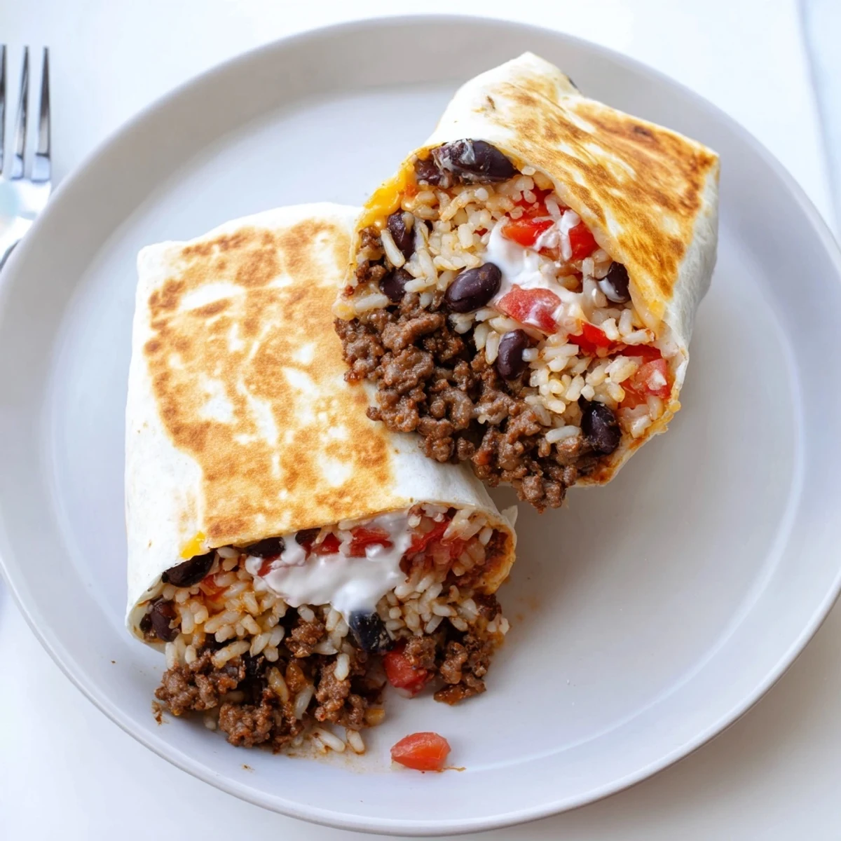 Golden grilled cheese burrito sliced open revealing seasoned beef melty cheese and colorful fillings