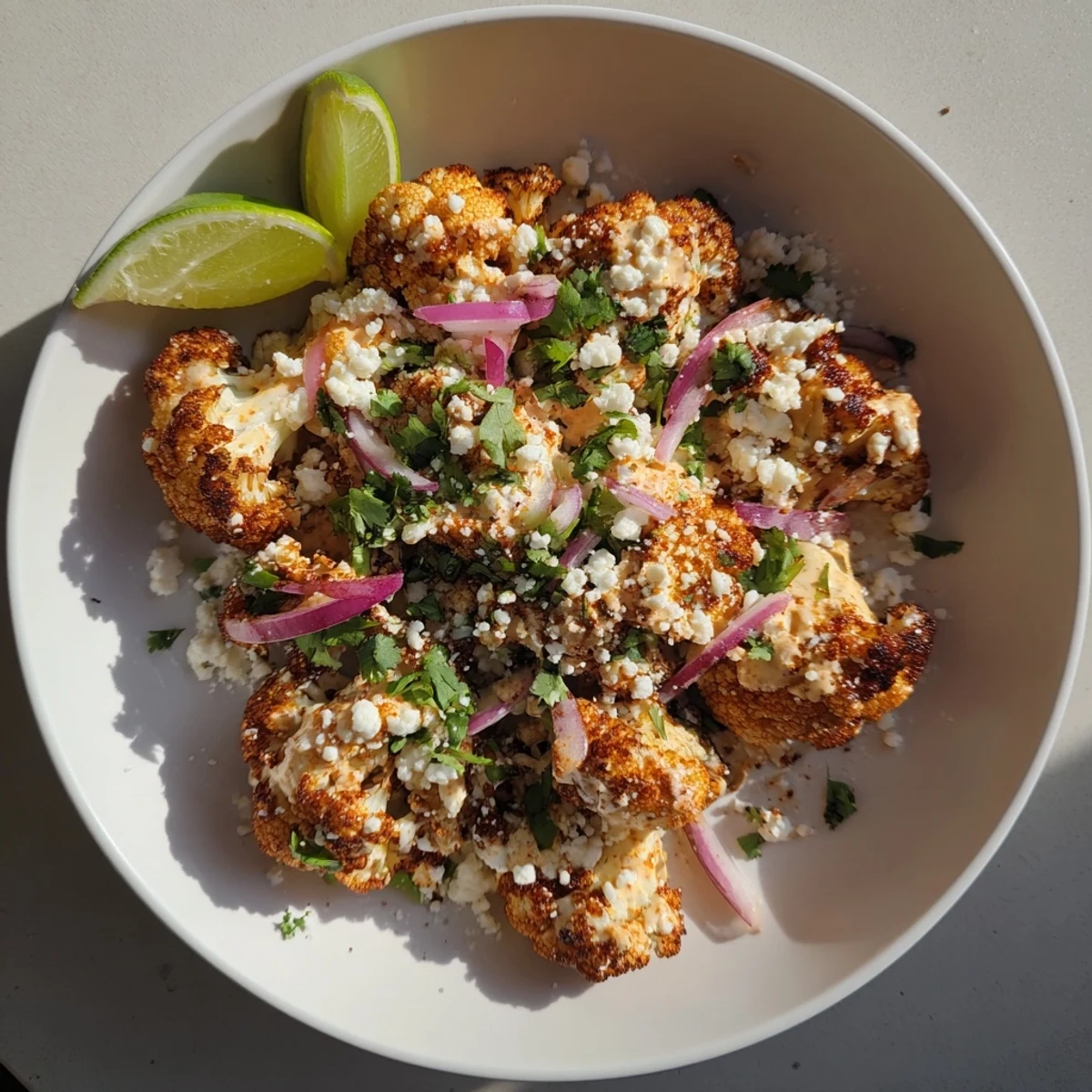 Roasted cauliflower elote coated in creamy lime mayonnaise sauce and sprinkled with crumbly cotija cheese