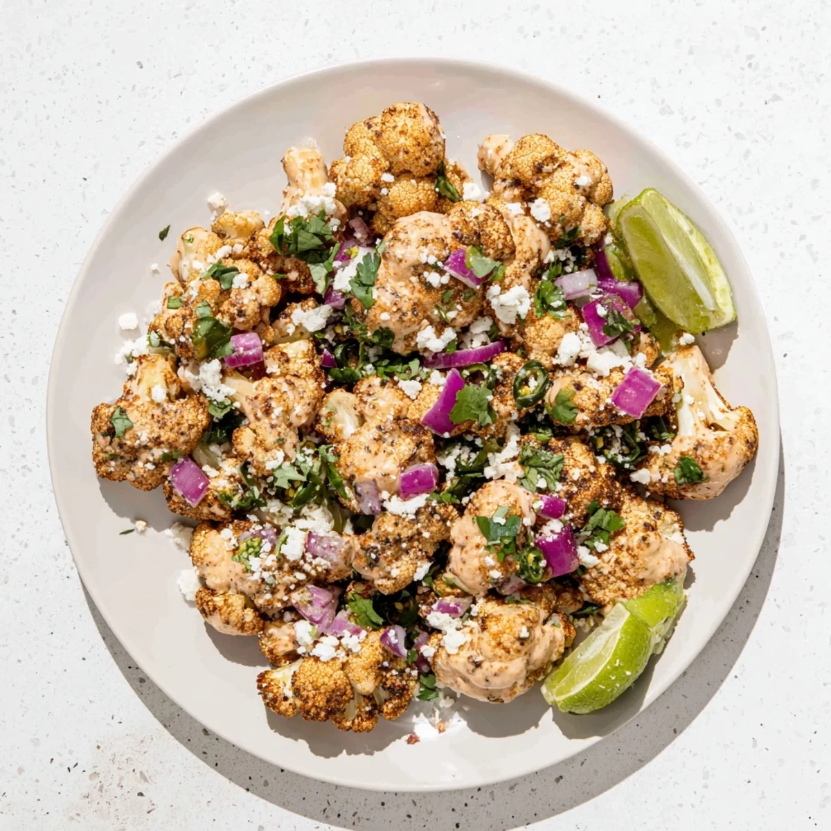 Golden cauliflower florets tossed with smoky chili spice sauce and topped with fresh cilantro