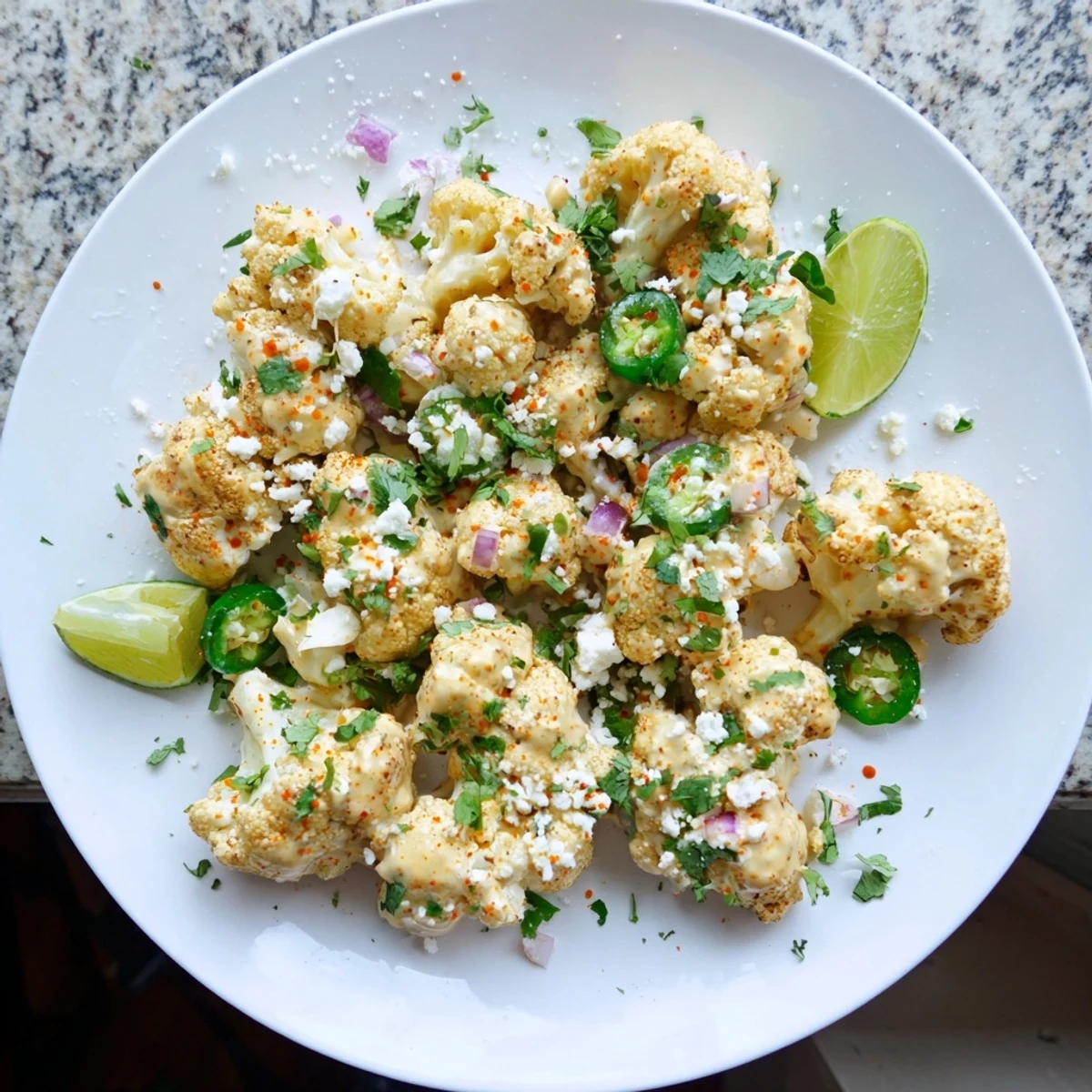 Mexican street corn style cauliflower drizzled with tangy crema and dusted with chili powder