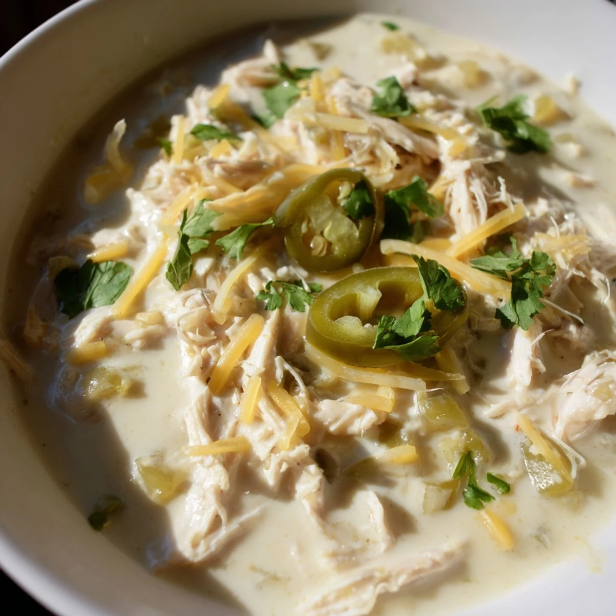 Creamy keto white chicken chili simmered with green chiles, tender shredded chicken, and melted Monterey Jack cheese in a rustic bowl