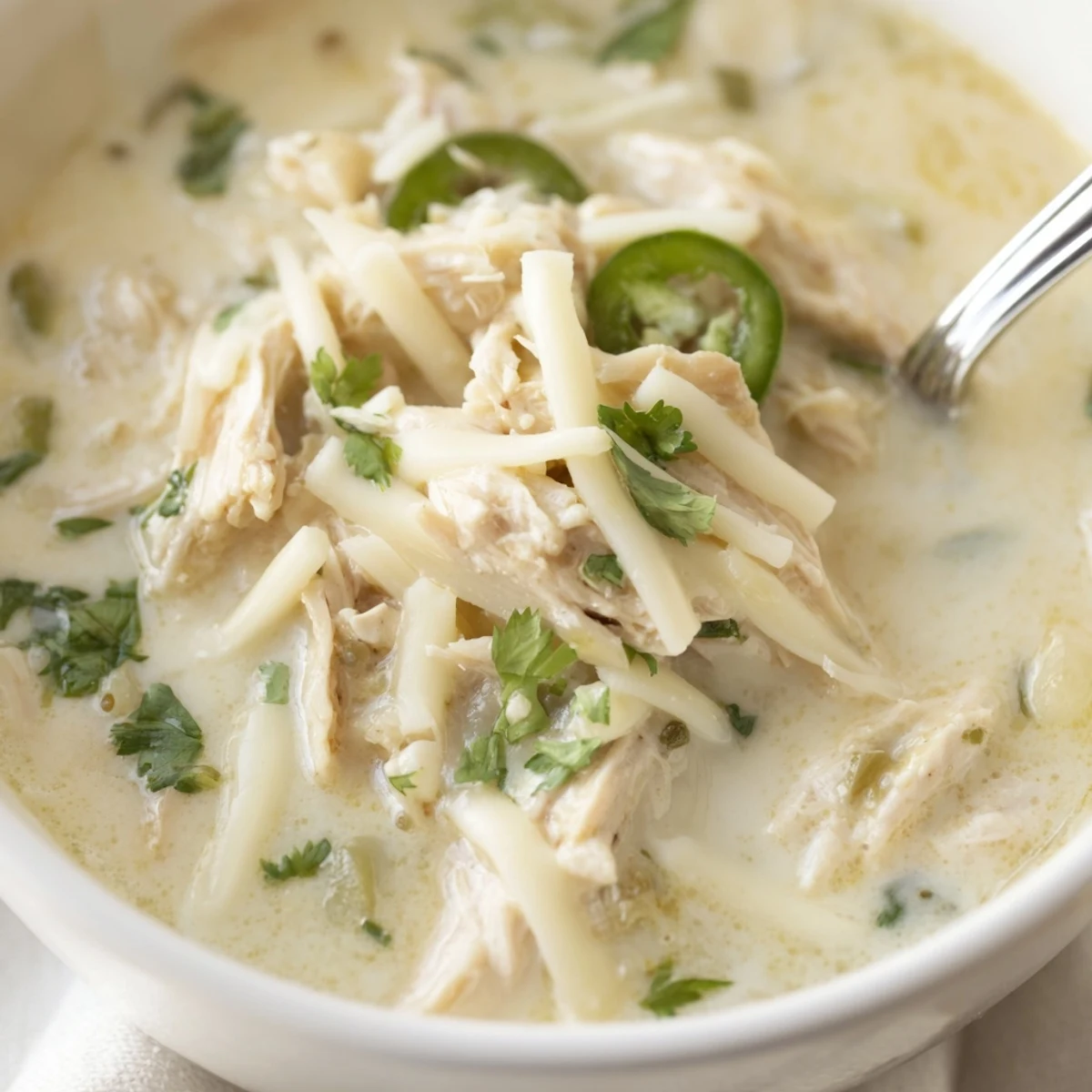 Steaming low-carb white chicken chili topped with fresh cilantro, jalapeño slices, and a lime wedge garnish on a wooden table