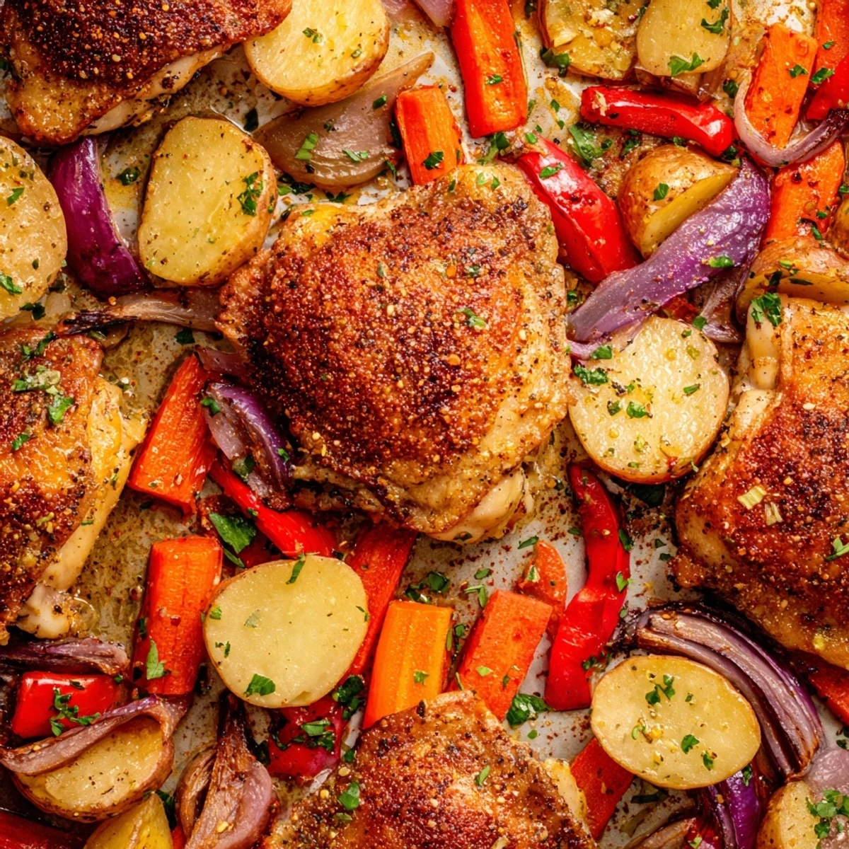 Golden crispy chicken thighs roasted with colorful vegetables on a single baking sheet