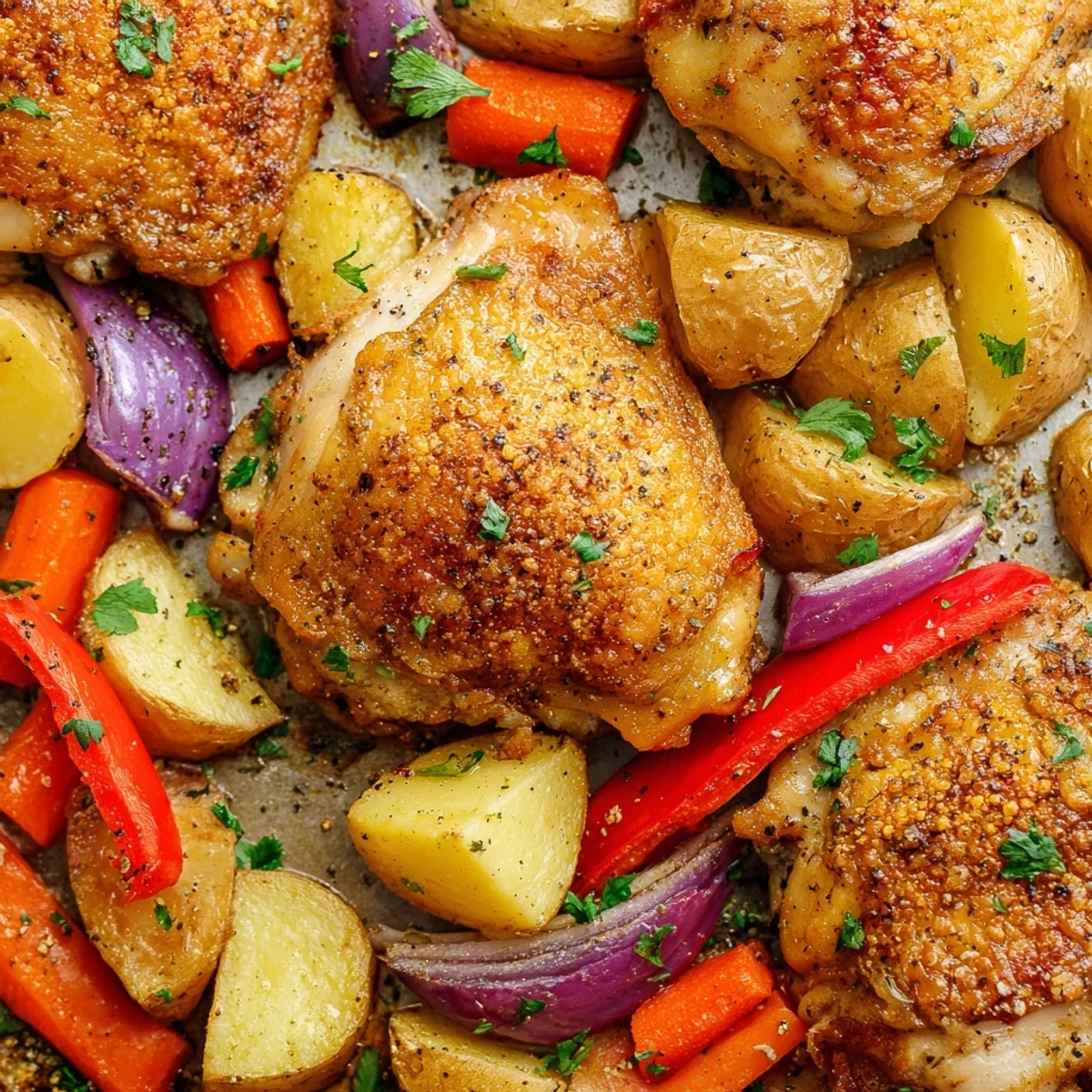Tender one pan chicken bake surrounded by roasted potatoes carrots and bell peppers