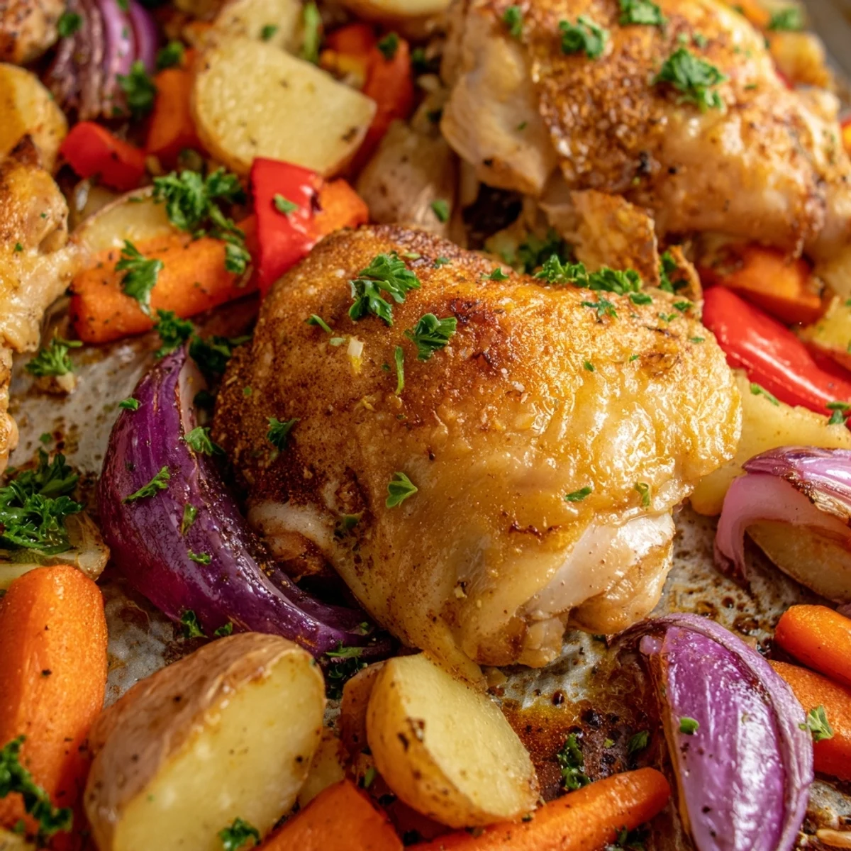Savory chicken and vegetables baked together in an easy one pan chicken bake dish