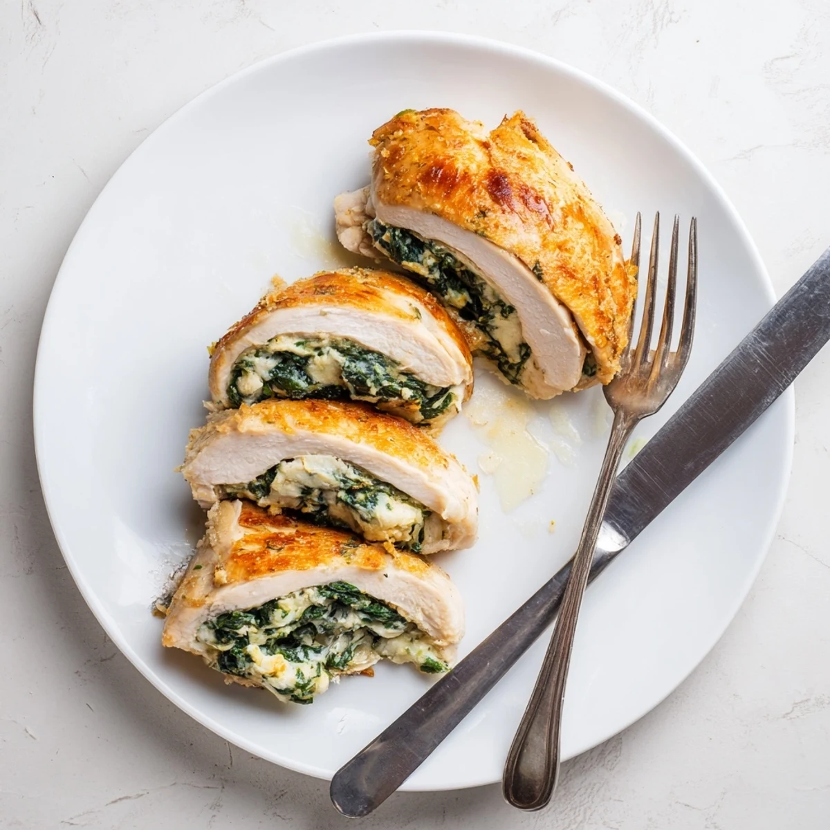 Golden baked spinach ricotta chicken with a crispy parmesan crust on a white serving plate