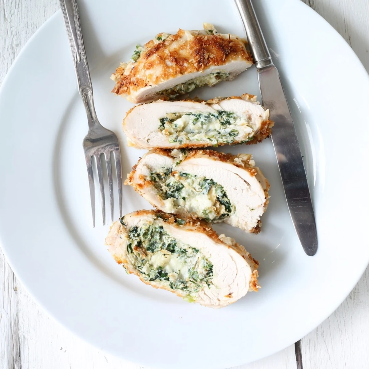 Juicy stuffed chicken breast sliced to reveal the creamy spinach ricotta filling inside
