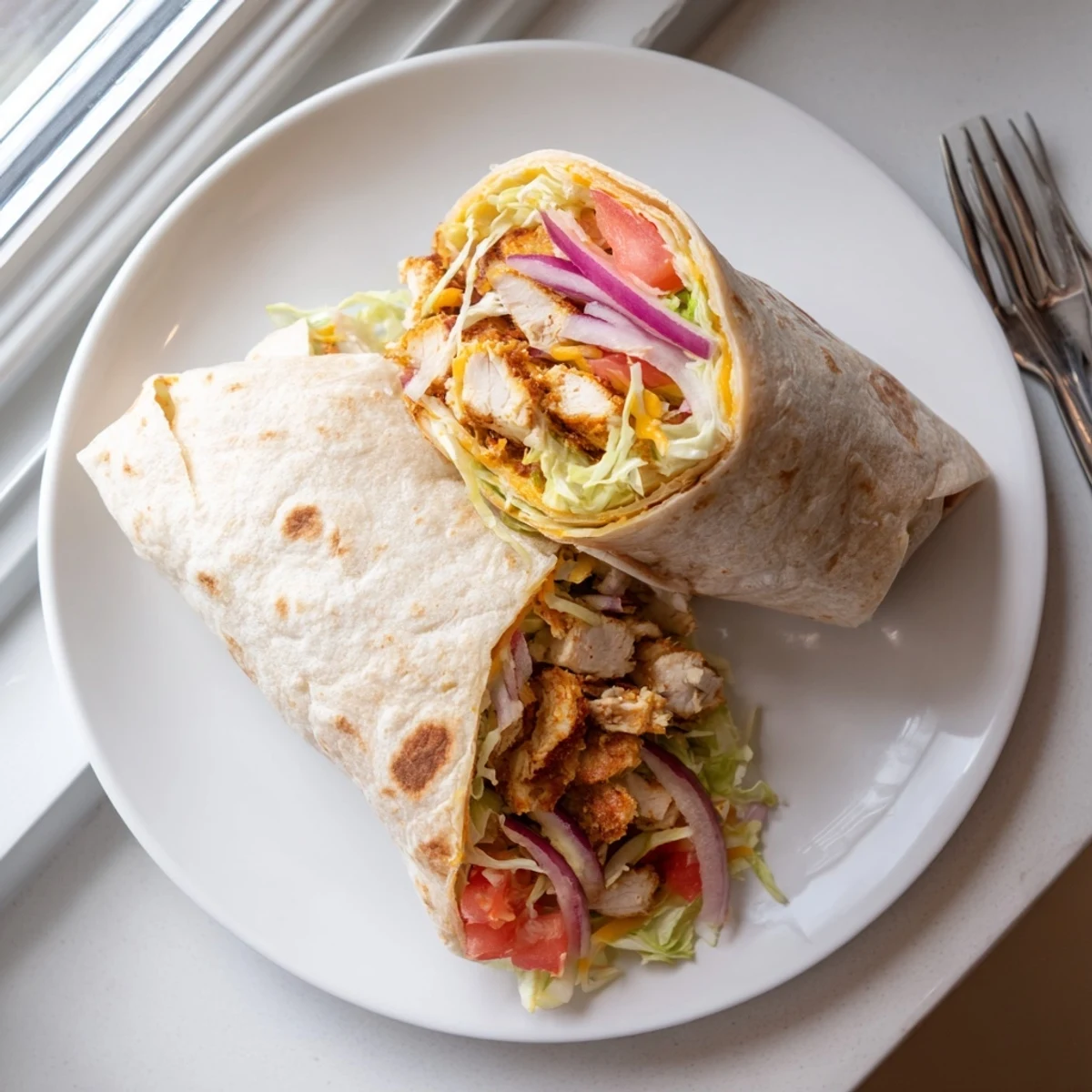 Golden cheesy garlic chicken wraps with melted cheddar and fresh vegetables tucked inside warm flour tortillas