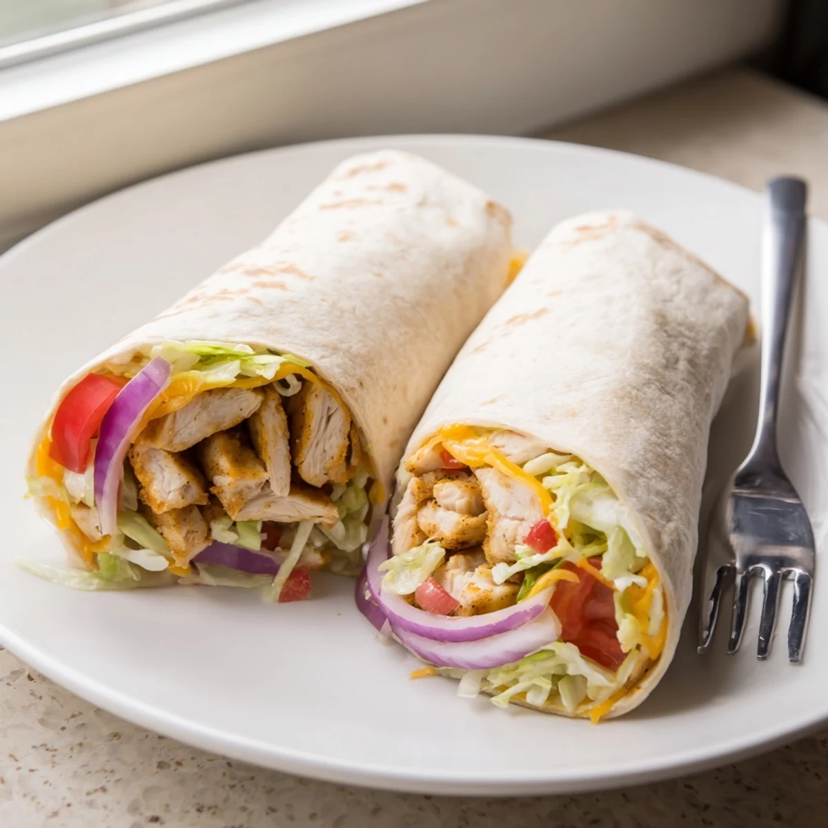 Sliced chicken wraps featuring zesty garlic sauce, crisp lettuce, and gooey cheese layered in soft tortillas