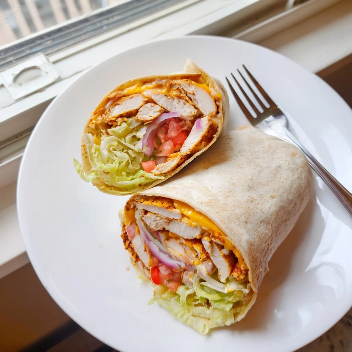 Homemade garlic chicken wraps filled with seasoned meat, blended cheeses, and colorful veggies ready for lunch