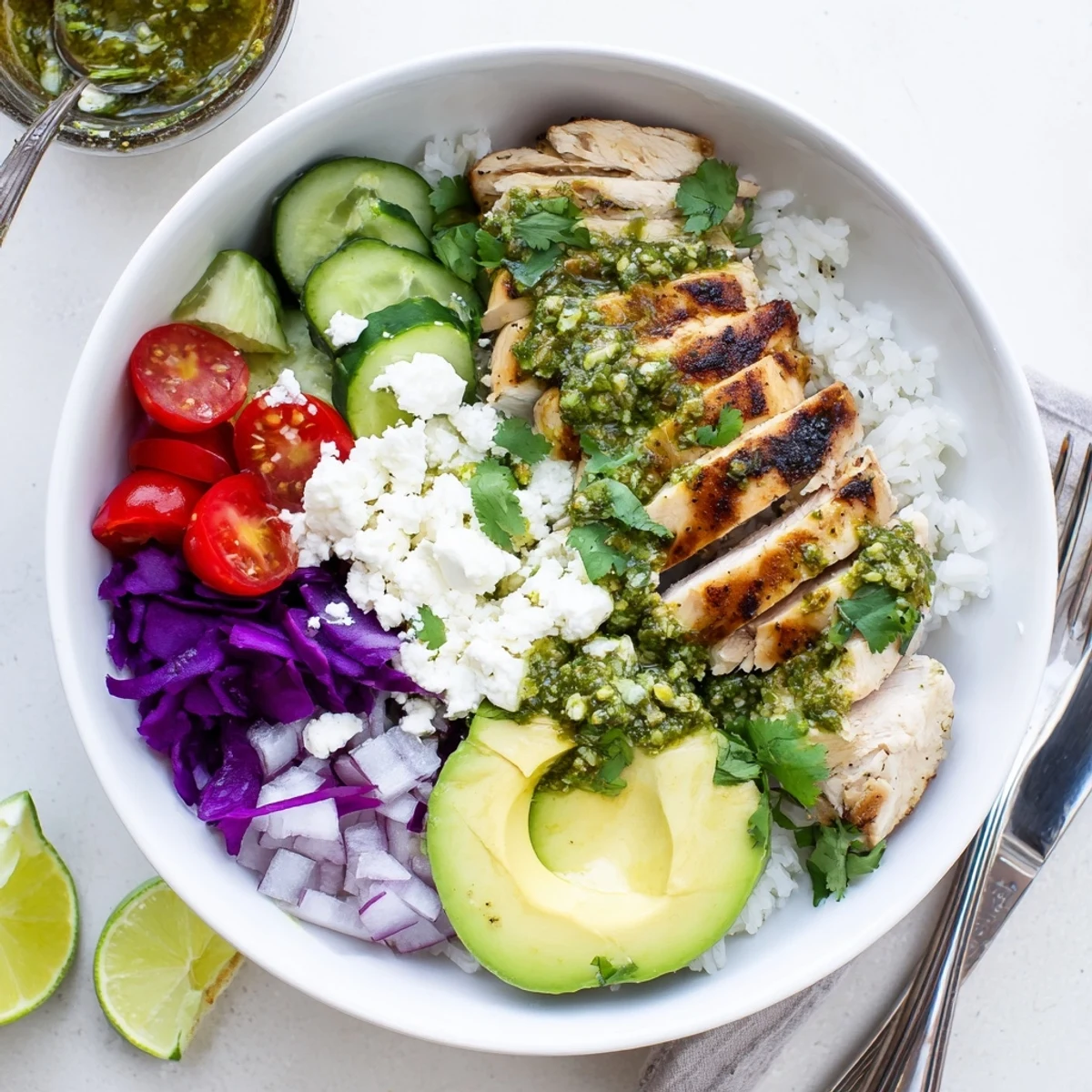 Golden grilled chicken breasts sliced over fluffy rice with colorful vegetables and chimichurri grilled chicken bowl topped with creamy garlic sauce