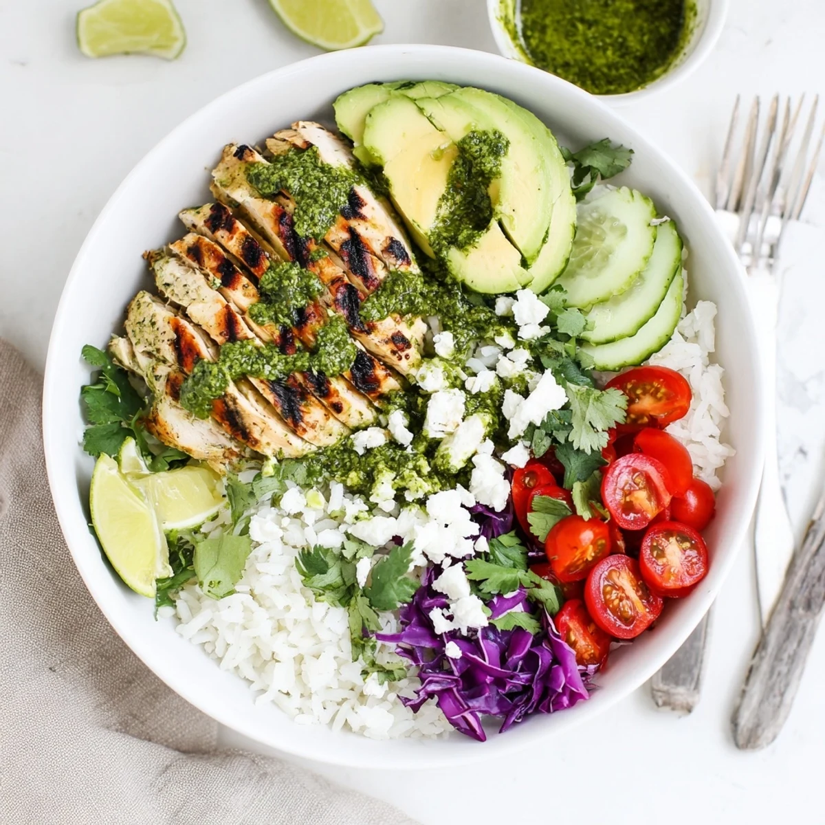 Vibrant chimichurri grilled chicken bowl featuring juicy marinated chicken with fresh avocado tomatoes and drizzled garlic sauce