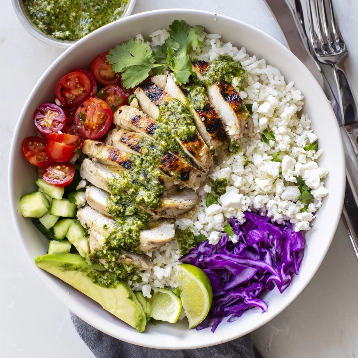 Steaming bowl of rice topped with sliced chimichurri grilled chicken crisp vegetables and tangy garlic sauce garnish