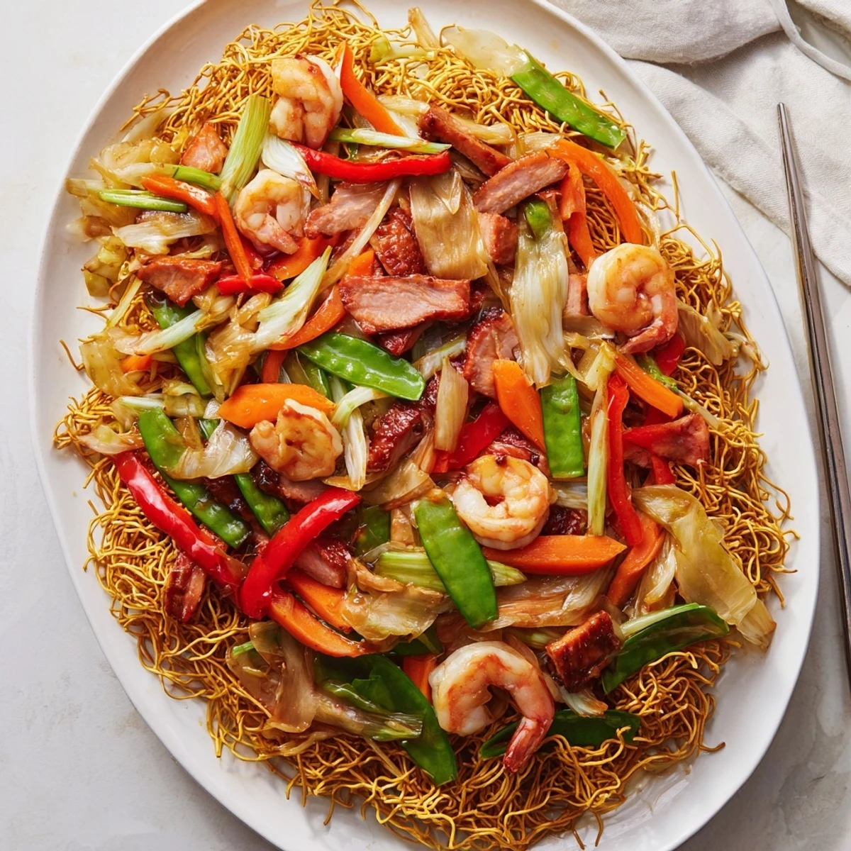 Steaming plate of Cantonese chow mein featuring tender noodles, sliced char siu pork, fresh bean sprouts, and snow peas glistening with sauce.