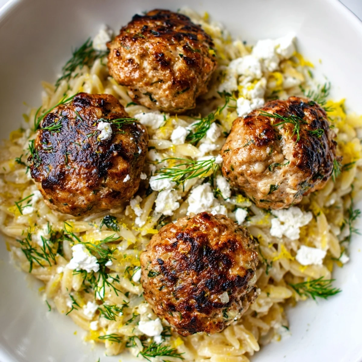 Golden brown chicken meatballs nestled over bright lemon orzo pasta with fresh dill garnish