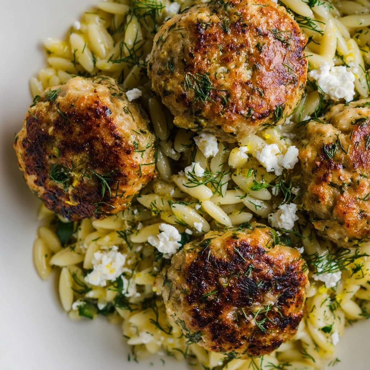 Plated Greek chicken meatballs with lemon orzo, dotted with feta and fresh herbs