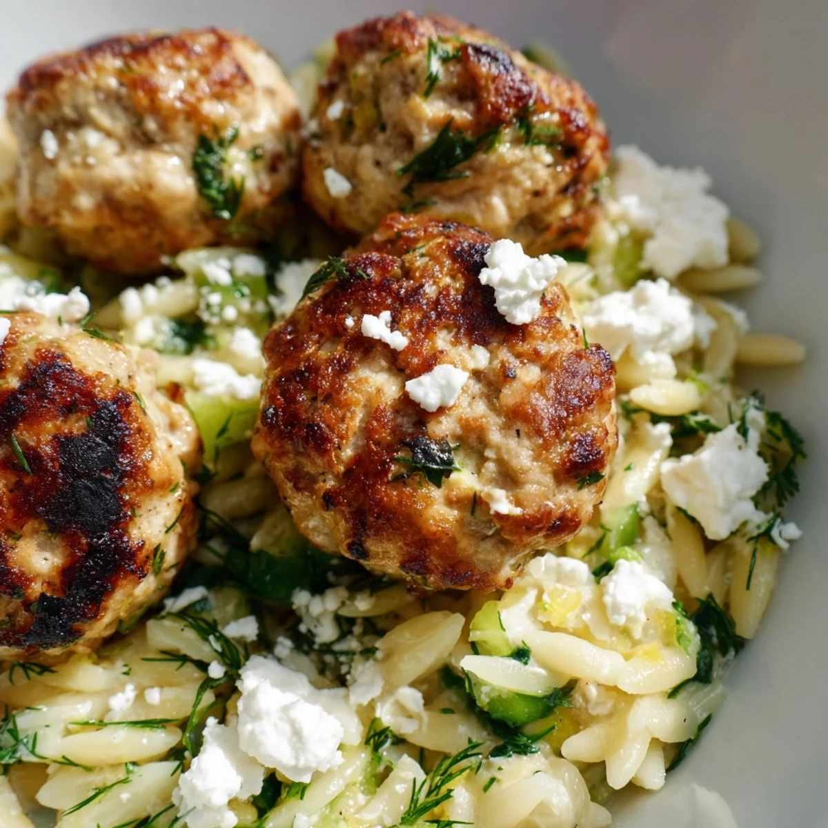 Mediterranean-style Greek chicken meatballs with lemon orzo featuring tender pasta and juicy herb-infused meat