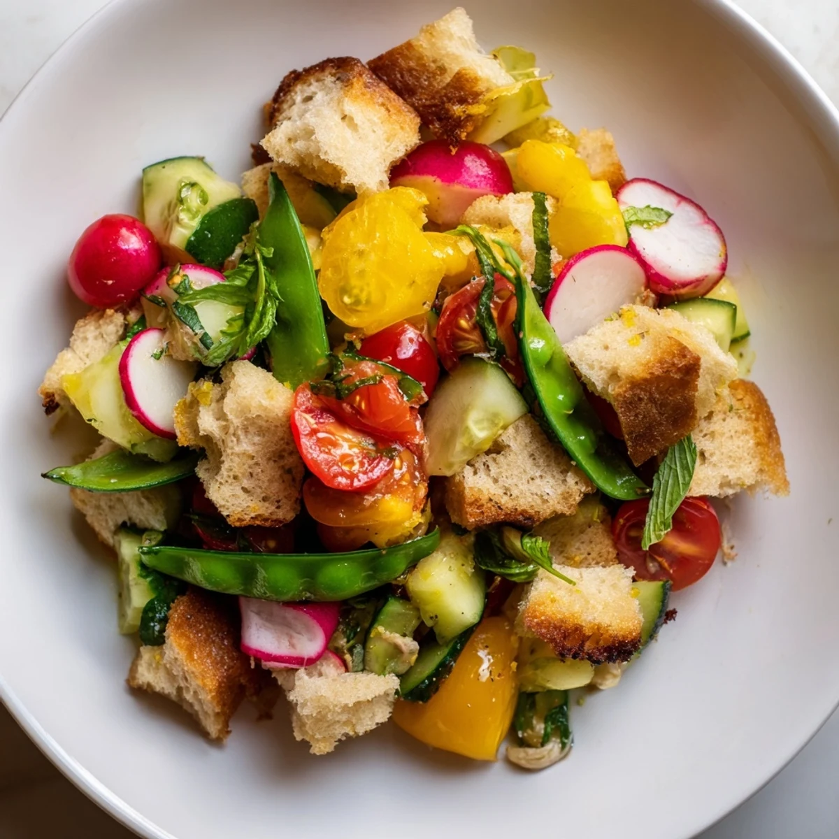 Golden toasted bread cubes tossed with crisp vegetables in a vibrant Spring Panzanella salad