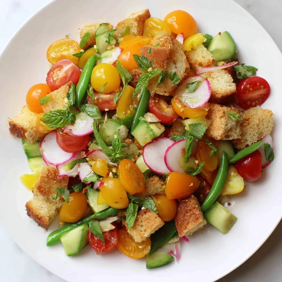 Colorful Italian Spring Panzanella bowl featuring juicy tomatoes, crunchy radishes, and fresh green herbs
